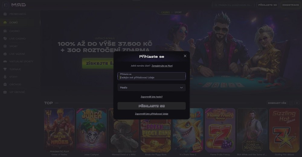Náhled přihlašovacího formuláře v online casinu a sázkové kanceláři MadCasino
