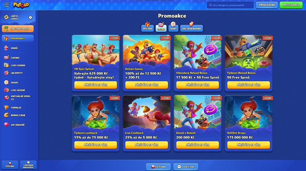 Náhled bonusů a promoakcí s free spins v online casinu Pistolo