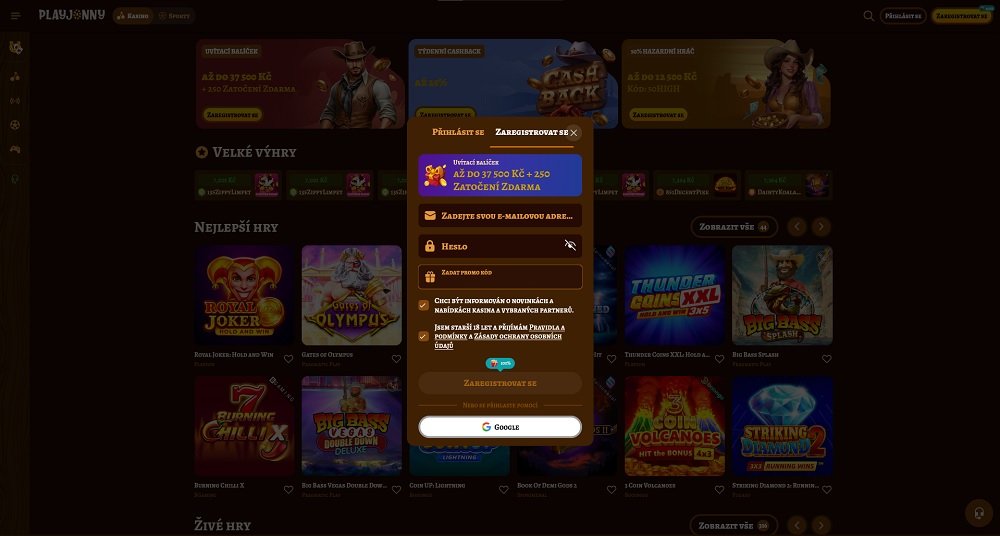 Náhled registračního formuláře s polem pro promo code v online casinu a sázkové kanceláři PlayJonny