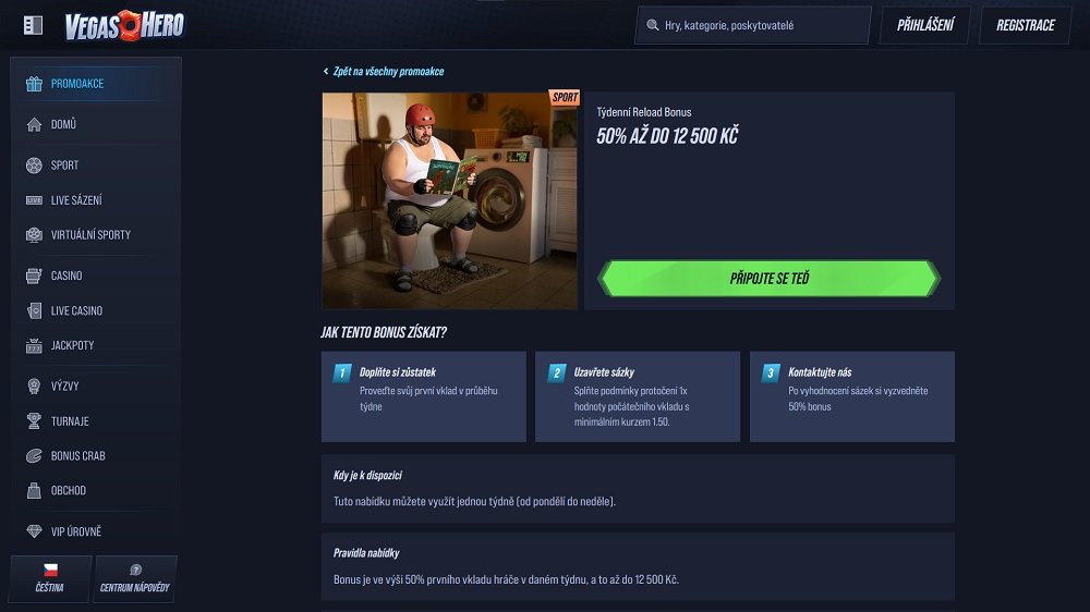 Náhled týdenního reload bonusu pro sportovní sekci v online casinu a sázkové kanceláři VegasHero