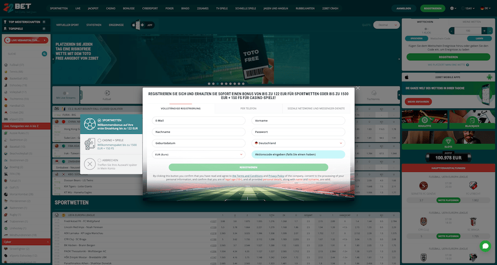 55260 22BET Registrierung