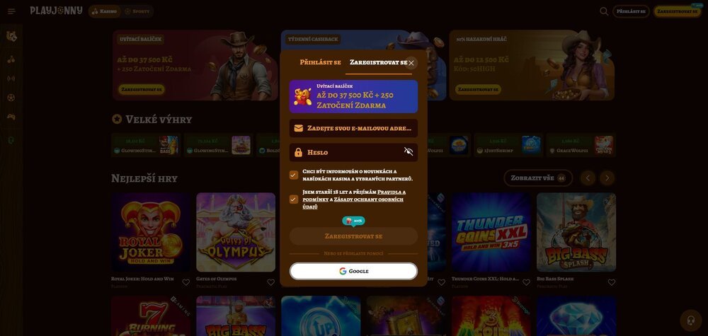 playjonny registrační formulář