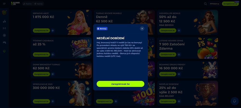 Náhled reload bonusu Nedělní dobíjení v online casinu Billionairespin