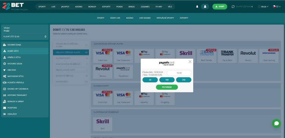 22bet vklad přes paysafecard
