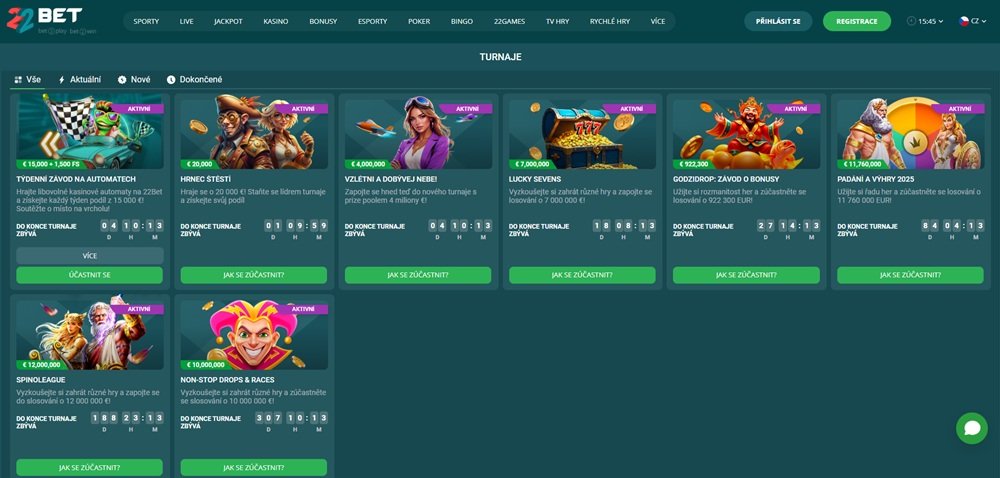 22BET dlouhodobé milionove turnaje