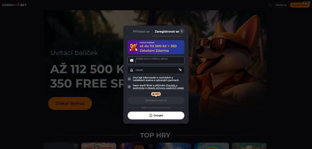 registrace na platformě corgibet
