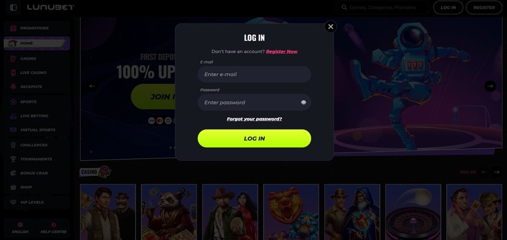 Login form at the online casino LunuBet