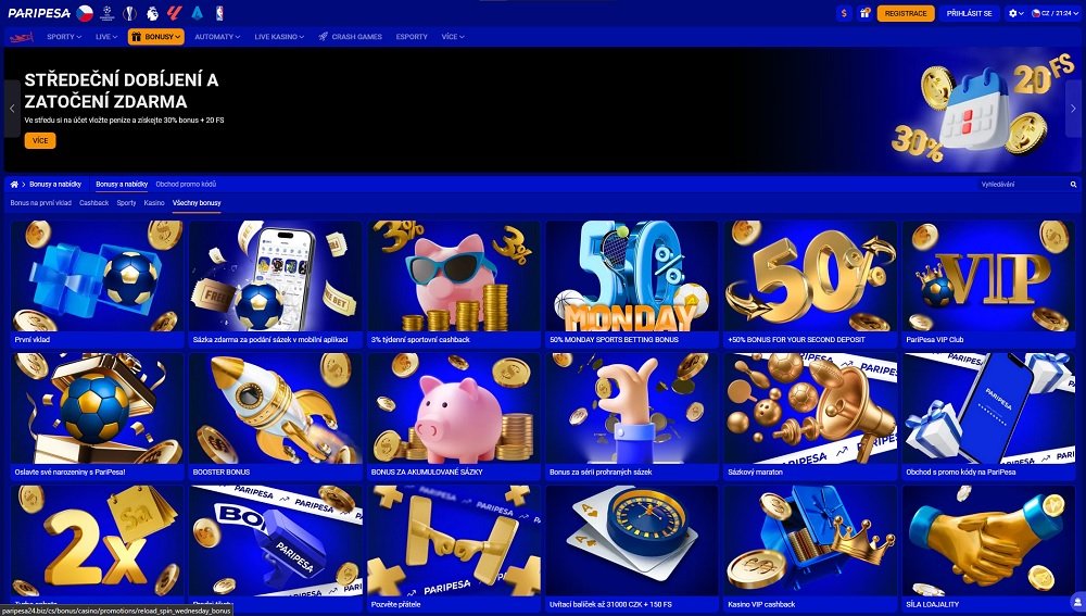 Náhled bonusů a promoakcí v online casinu PariPesa