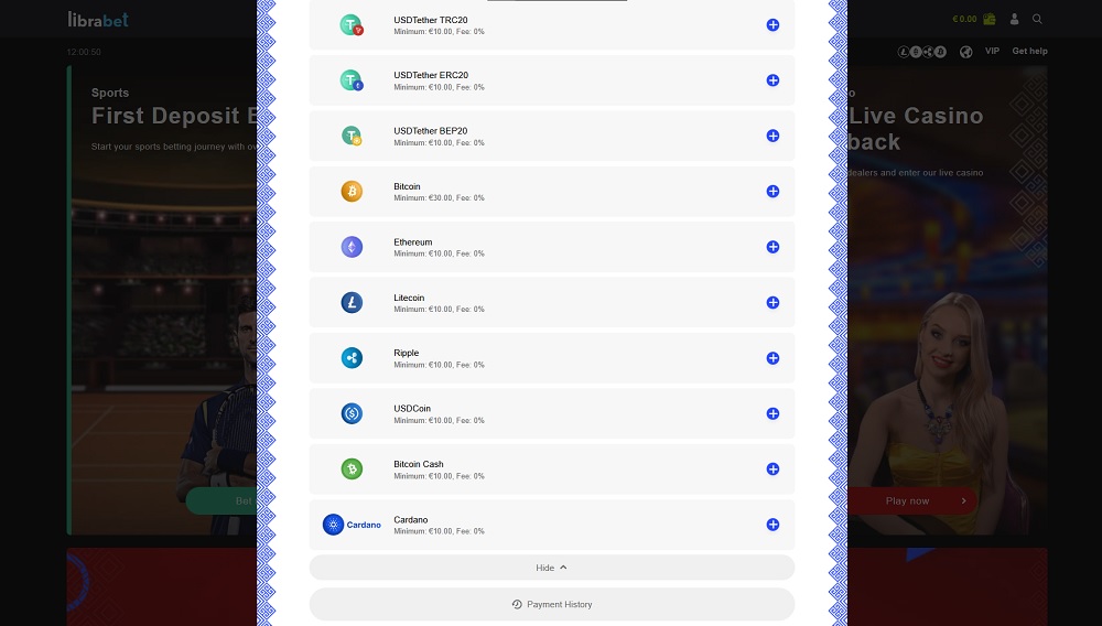 Preview of cryptocurrencies available for deposits at the LibraBet online casino