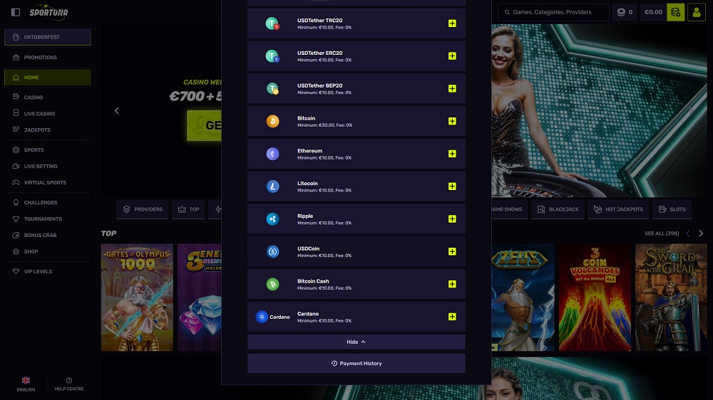 Preview of cryptocurrency options for deposits at the Sportuna online casino and sportsbook