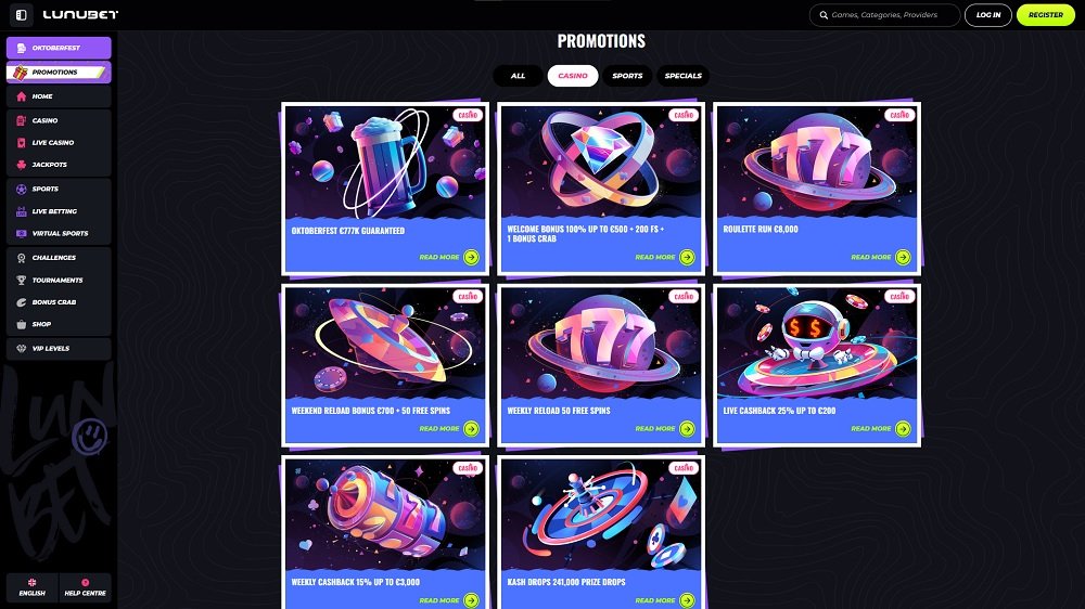 Preview of the casino bonuses with free spins at the online casino LunuBet