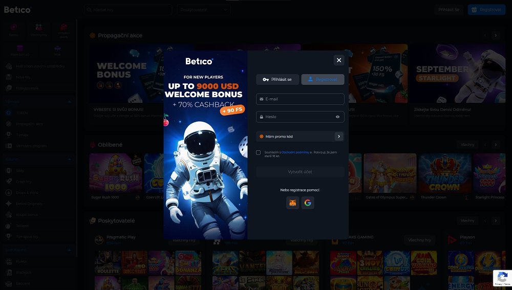 Náhled registračního formuláře s vysokým uvítacím bonusem v online casinu Betico 