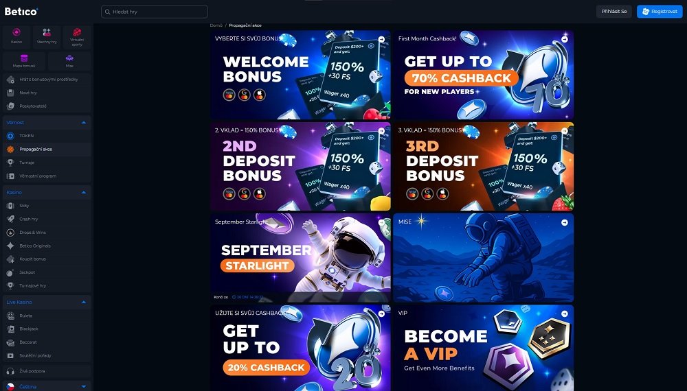 Náhled bonusů a promoakcí v online casinu Betico