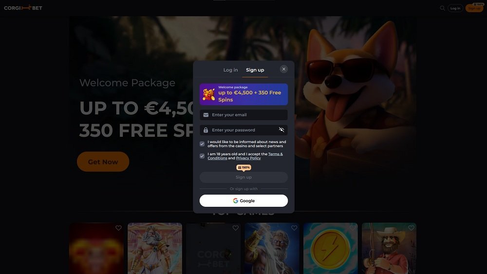 Preview of the registration form with generous welcome bonus at the online casino Corgibet