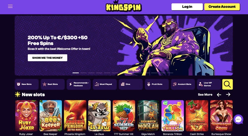 KingSpin casino homepage