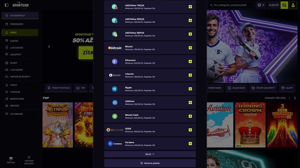 Vista previa de la selección de criptomonedas para depósitos en el casino online y la casa de apuestas Sportuna