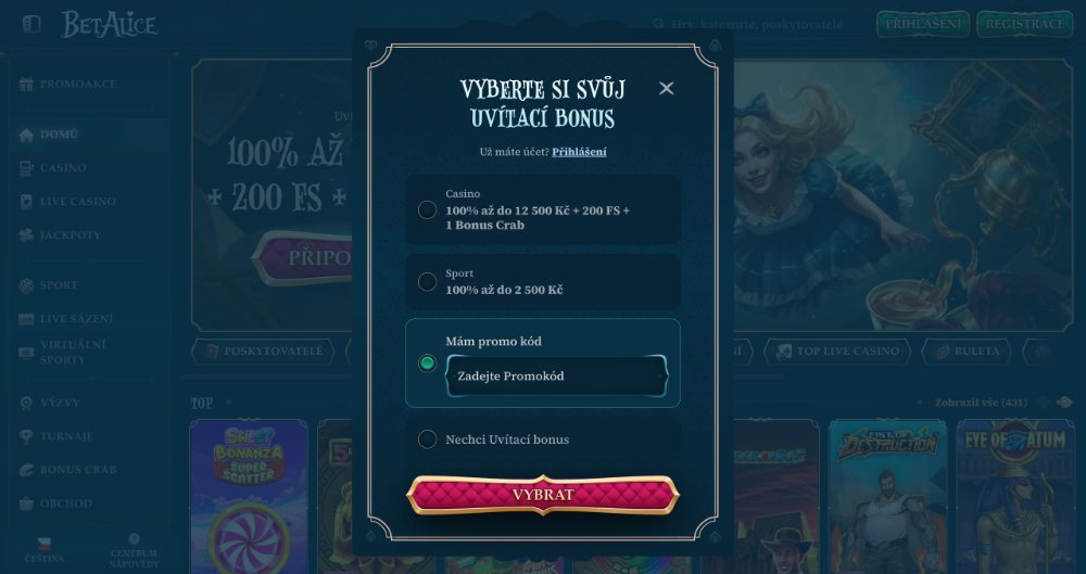 BetAlice promo code úvodní