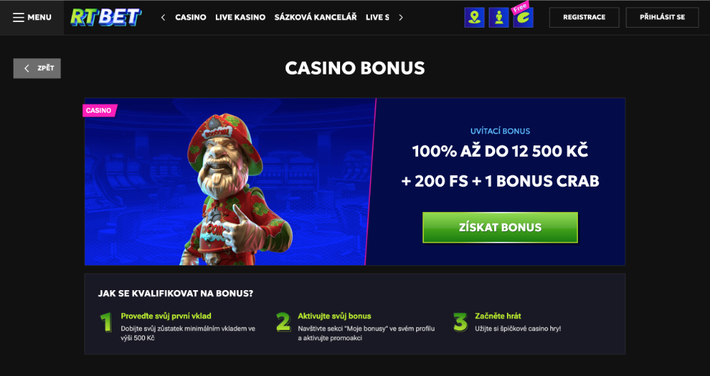 Promoakce v casinu RTbet logo Vstupní bonus 12 500 Kč + 200 free spinů