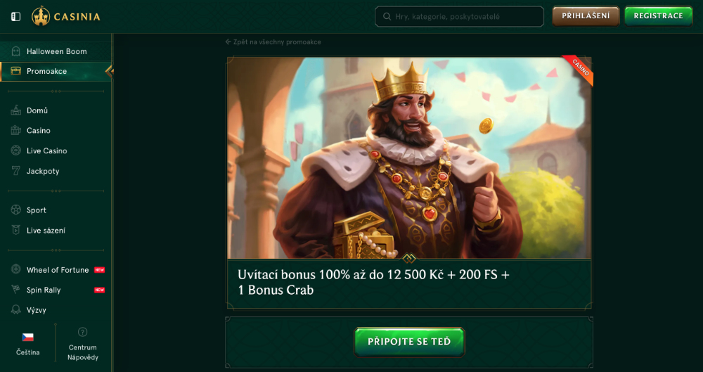 Promoakce v casinu Casinia Vstupní bonus 12 500 Kč + 200 free spinů