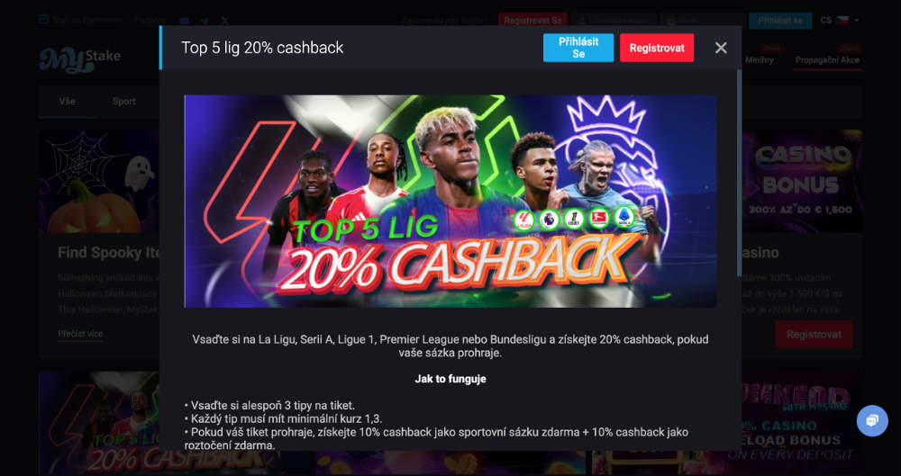 Promoakce v sázkové kanceláři MyStake 20% cashback na TOP 5 lig_úvodní