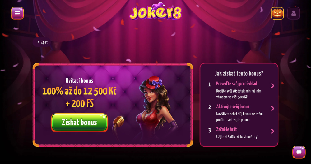 Promoakce v casinu Joker8 Vstupní bonus 12 500 Kč + 200 free spinů-úvodní
