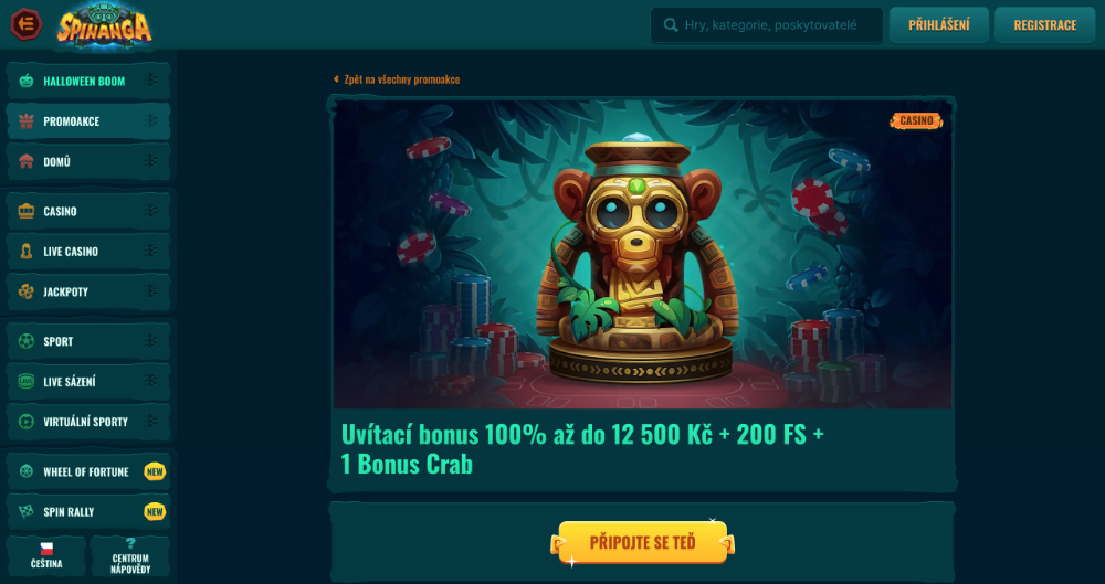 Promoakce v casinu Spinanga Uvítací bonus 12 500 Kč + 200 free spinů