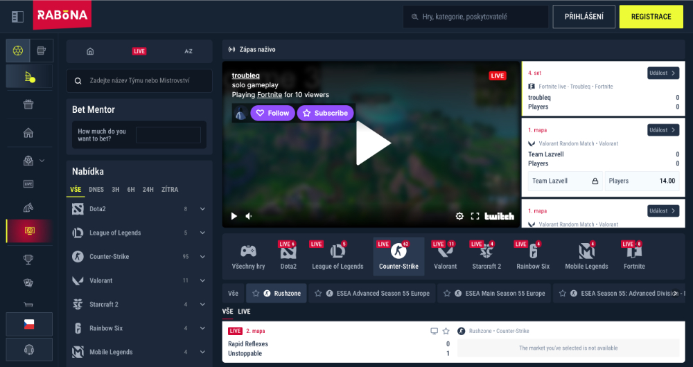 Rabona esport Jak a na co všechno lze uzavřít sázku? úvodní