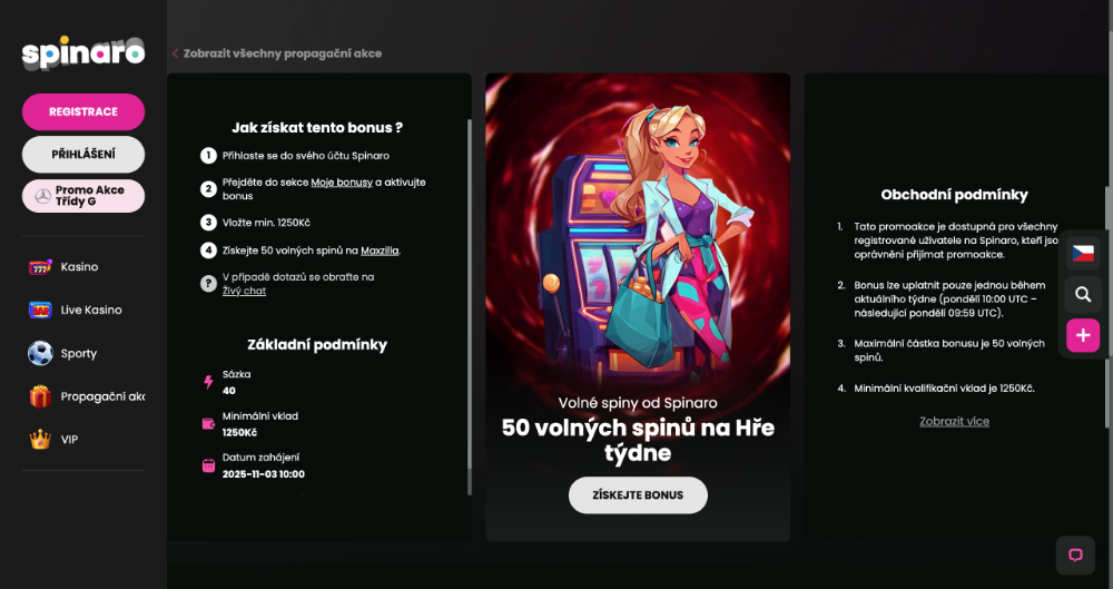 Spinaro free spins [listopad 2025] úvodní