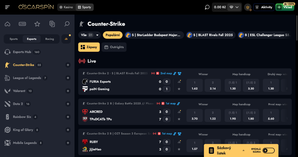 Oscarspin esport Jak a na co všechno lze vsadit? úvodní