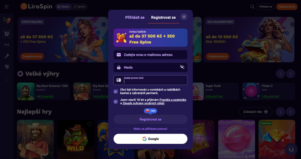 LiraSpin promo code úvodní